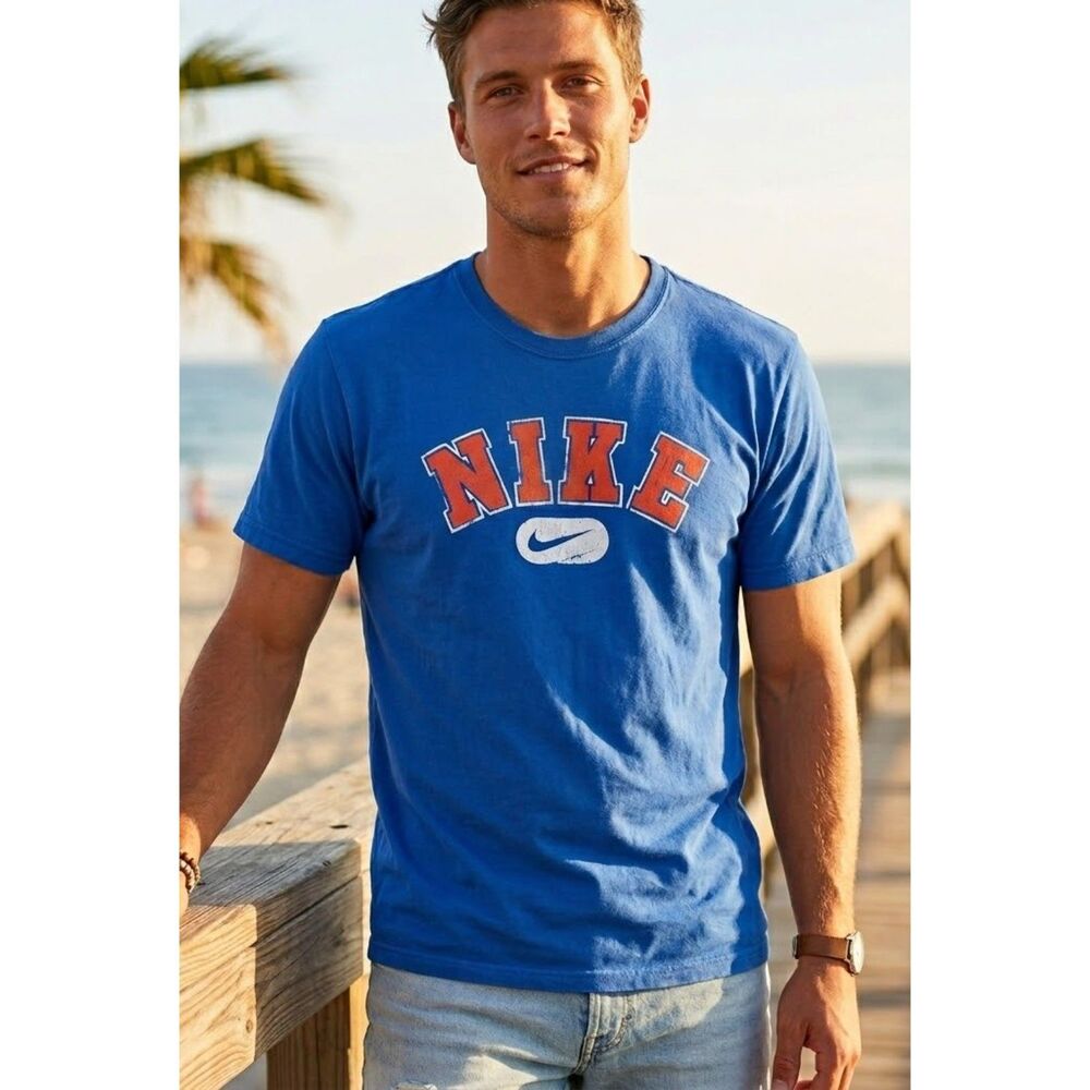 Nike Spell Out T Shirt Medium Blue Orange Arch Logo Sz. M Athleisure